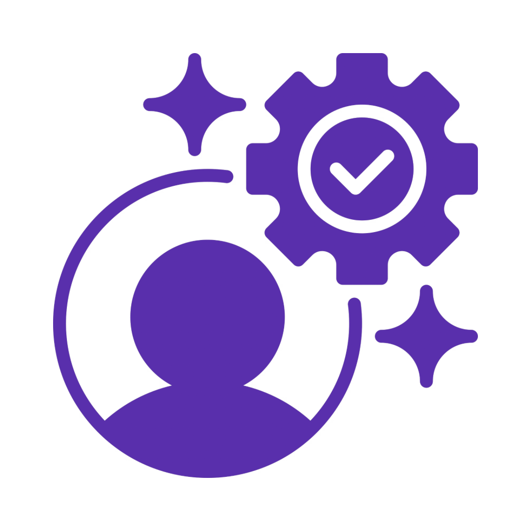Icon of a person with a gear and checkmark, indicating settings or user approval.