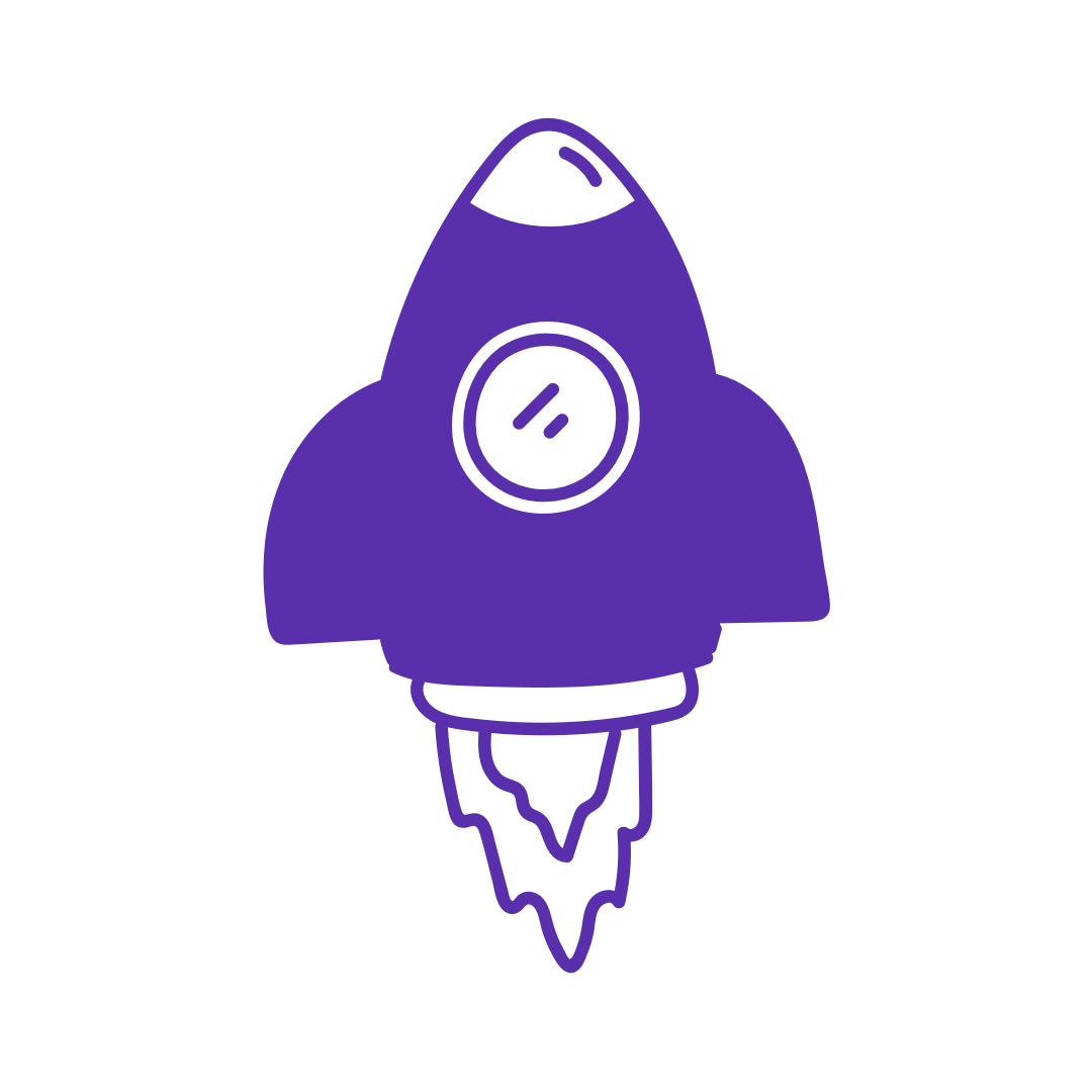 A purple rocket with a circular window in the center and flames coming out of the bottom.