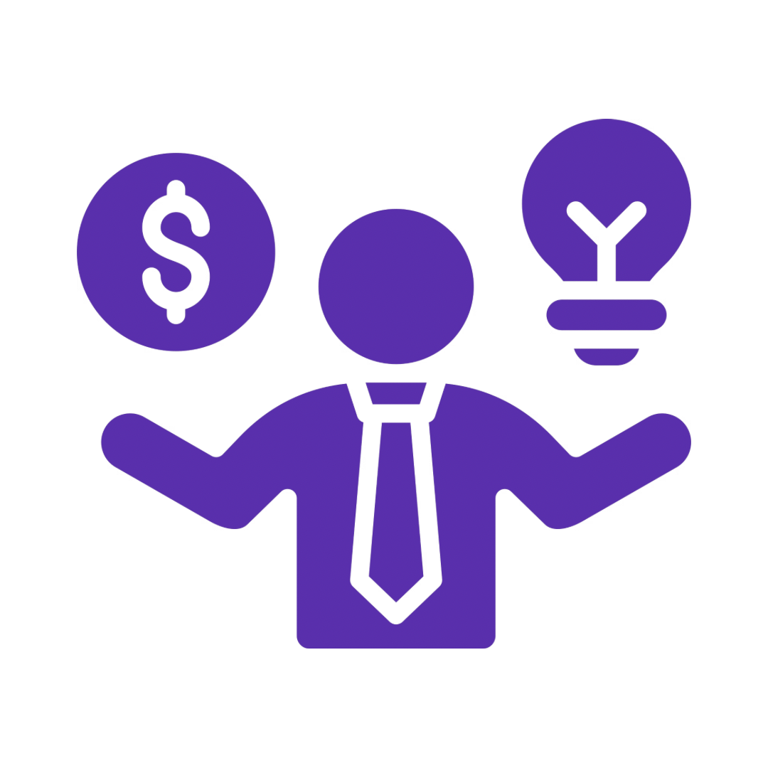 Icon of a person wearing a tie, with a dollar sign in a circle on the left and a light bulb in a circle on the right.