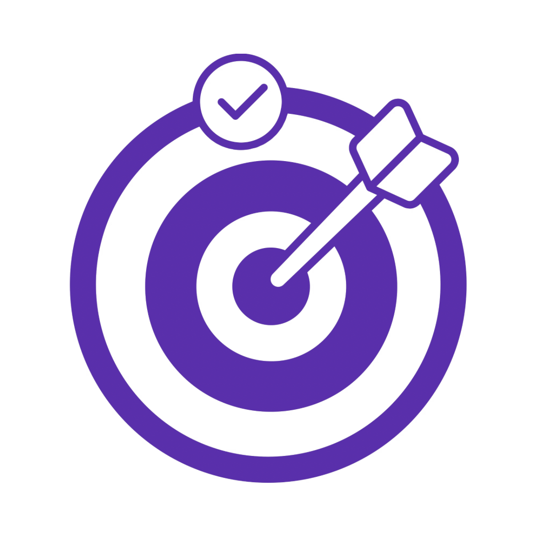 A purple and black icon of a target with an arrow hitting the bullseye, and a checkmark in a circle above the target.