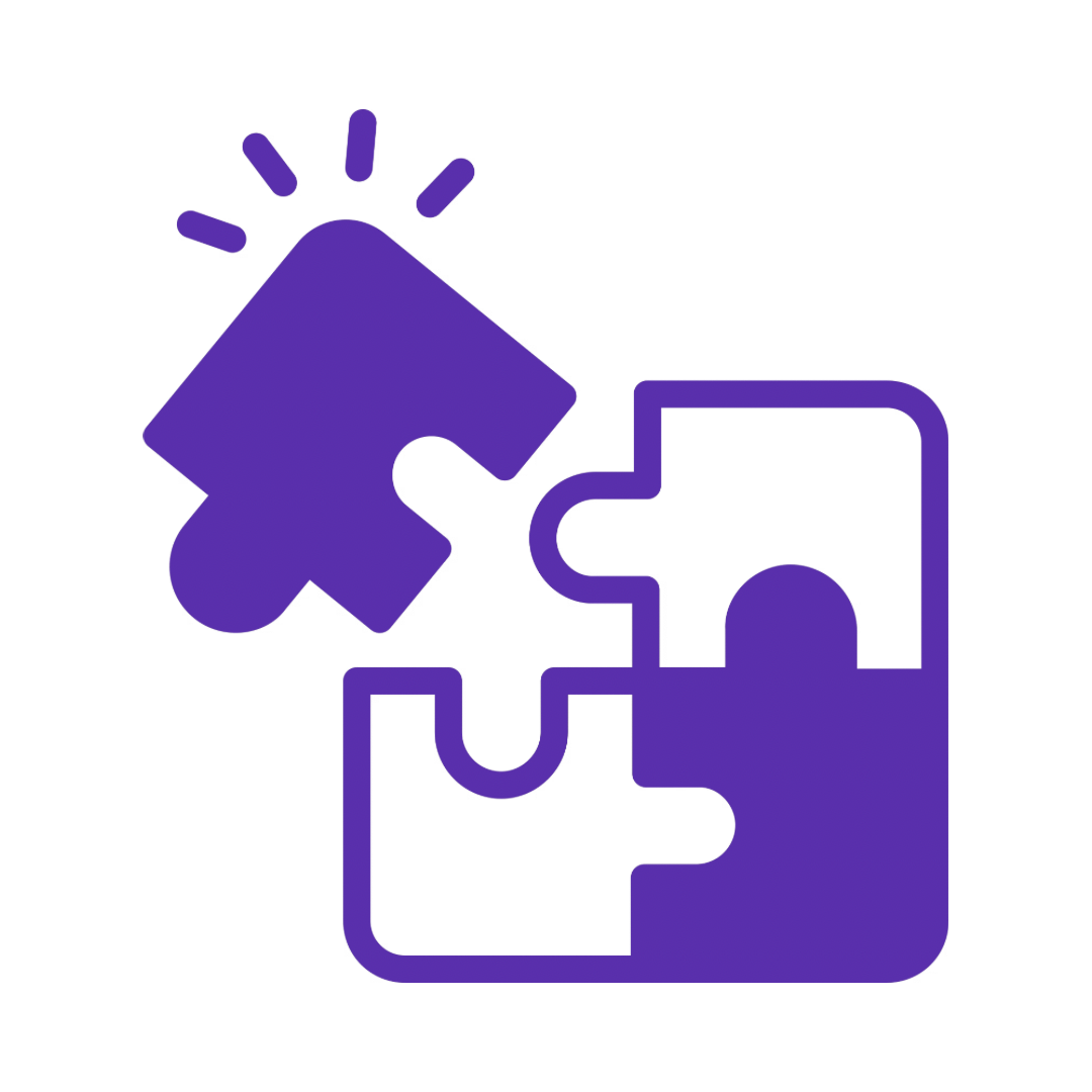 Purple puzzle pieces fitting together, one with lines indicating light or sparkle.