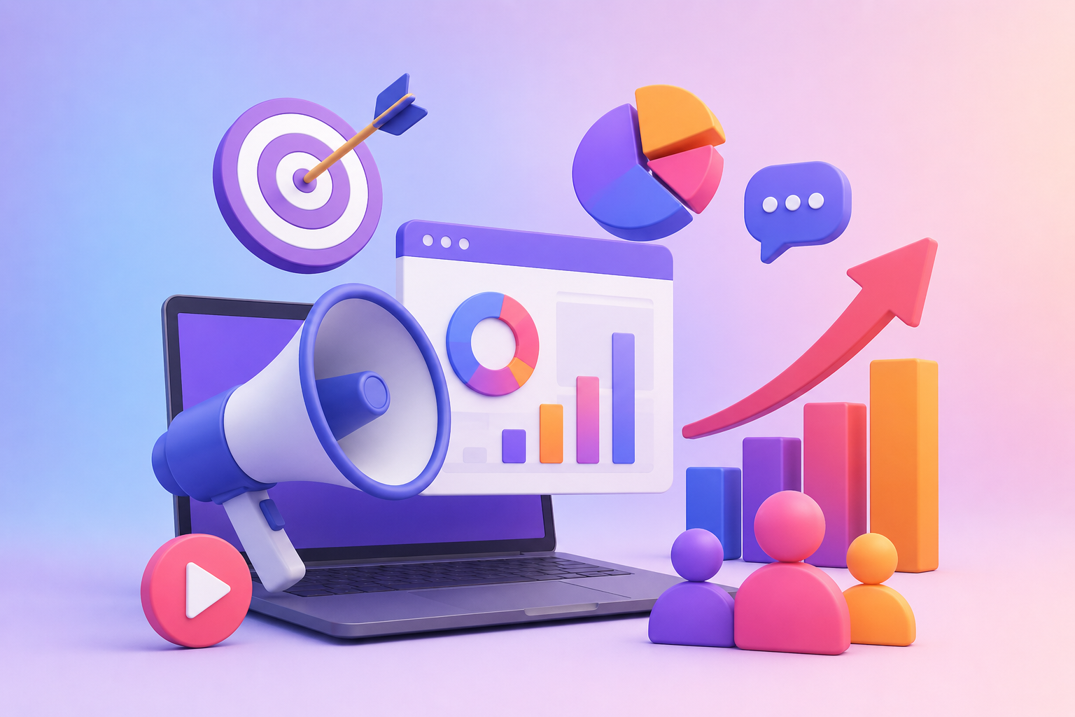 Digital marketing concepts including a laptop, megaphone, charts, graphs, pie charts, a target with arrow, speech bubble, play button, and colorful 3D icons on pastel background.