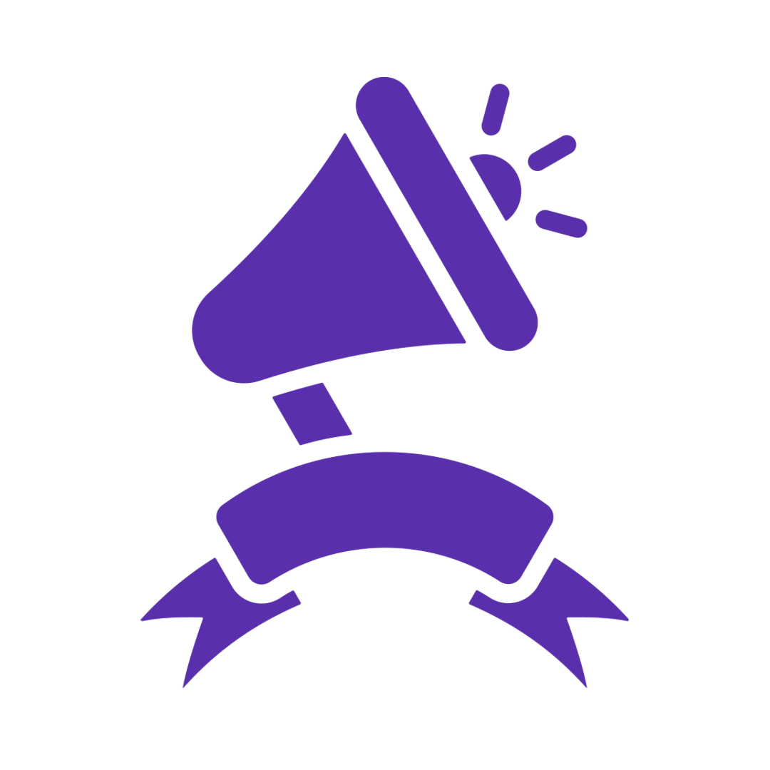 Purple illustration of a megaphone with a ribbon banner below.