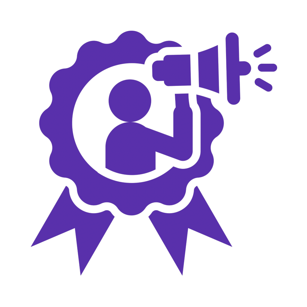 Purple award ribbon featuring a person holding a megaphone, representing recognition or achievement in communication or advocacy.