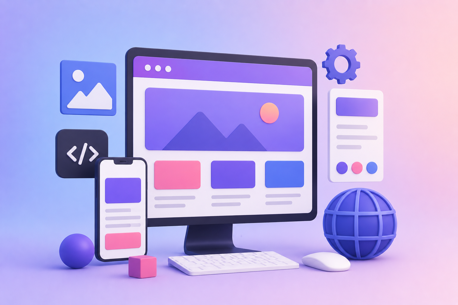 Digital illustration of web and mobile interface design elements, including a monitor, smartphone, gear icon, document, globe, and icons for image and code, in pastel colors.