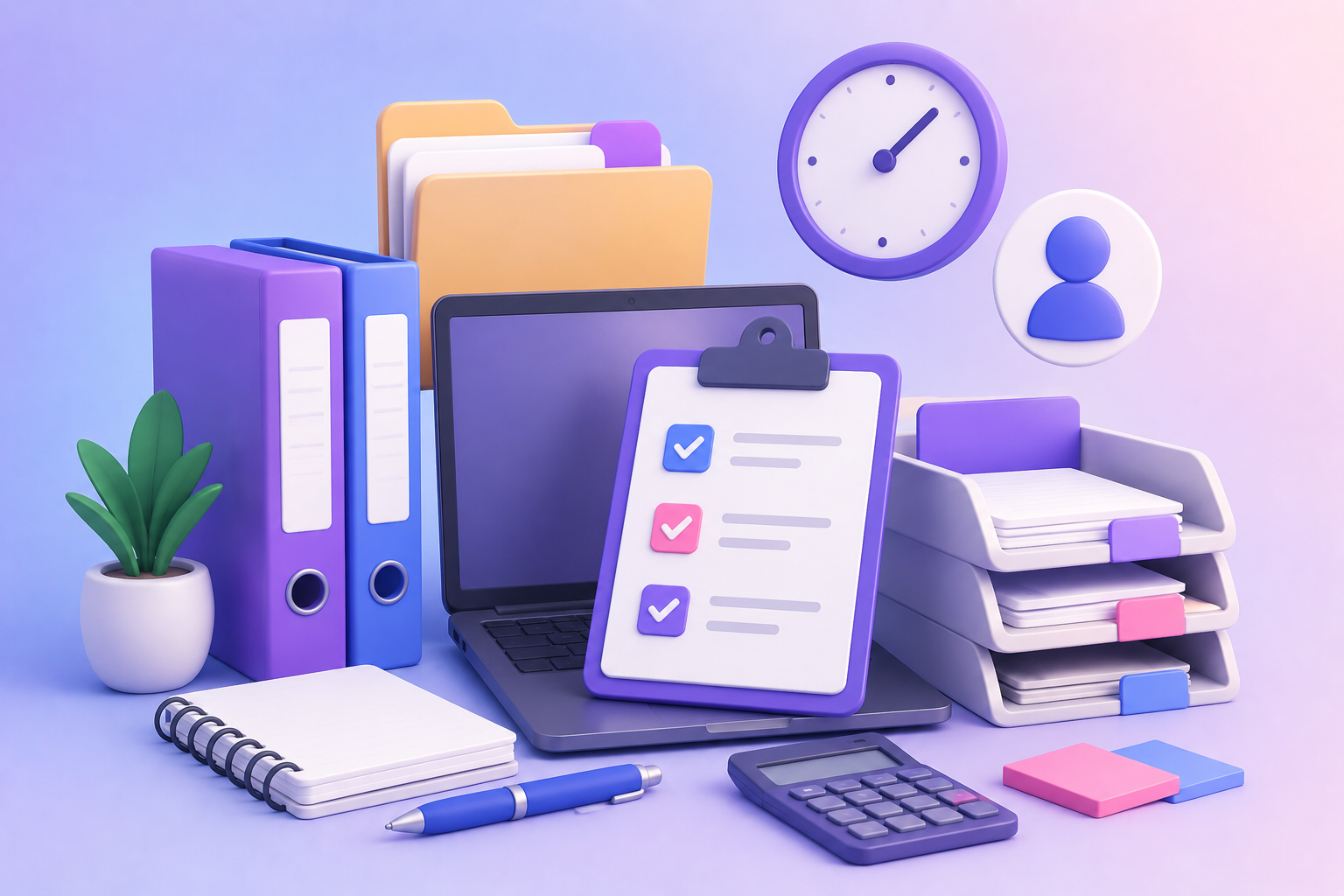 An organized office workspace with binders, a potted plant, a notepad, a pen, a calculator, a clipboard with checkmarks, a laptop, and stackable document trays, set against a pastel background with a clock and user icons.