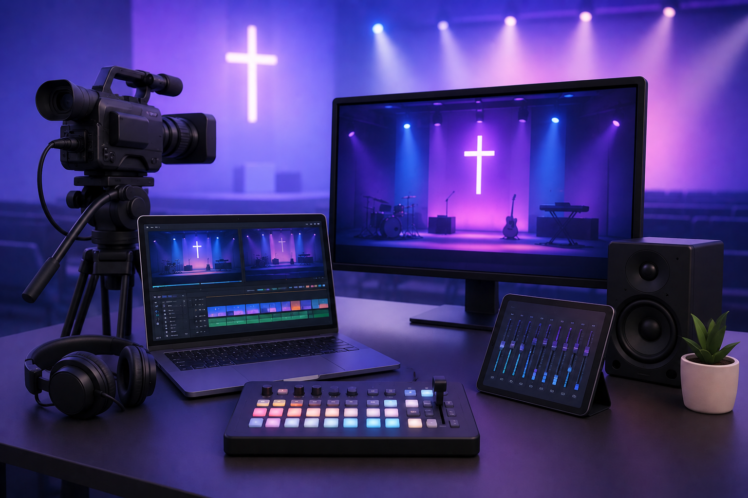 Filming setup with camera, laptop, monitor, sound mixer, headphones, and small plant in a church or stage setting with neon lit cross and musical instruments.