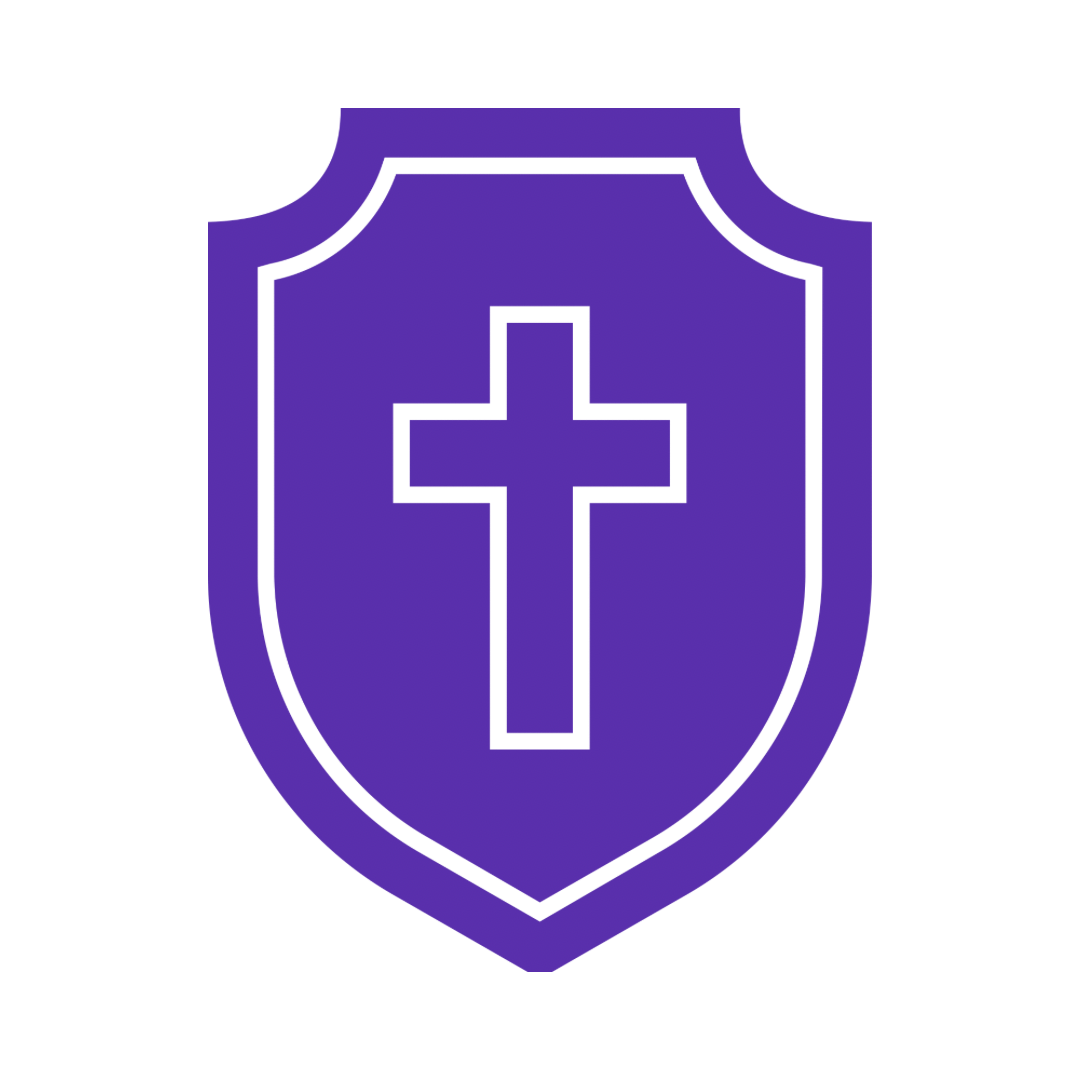 Purple shield with black outline and a black cross in the center.