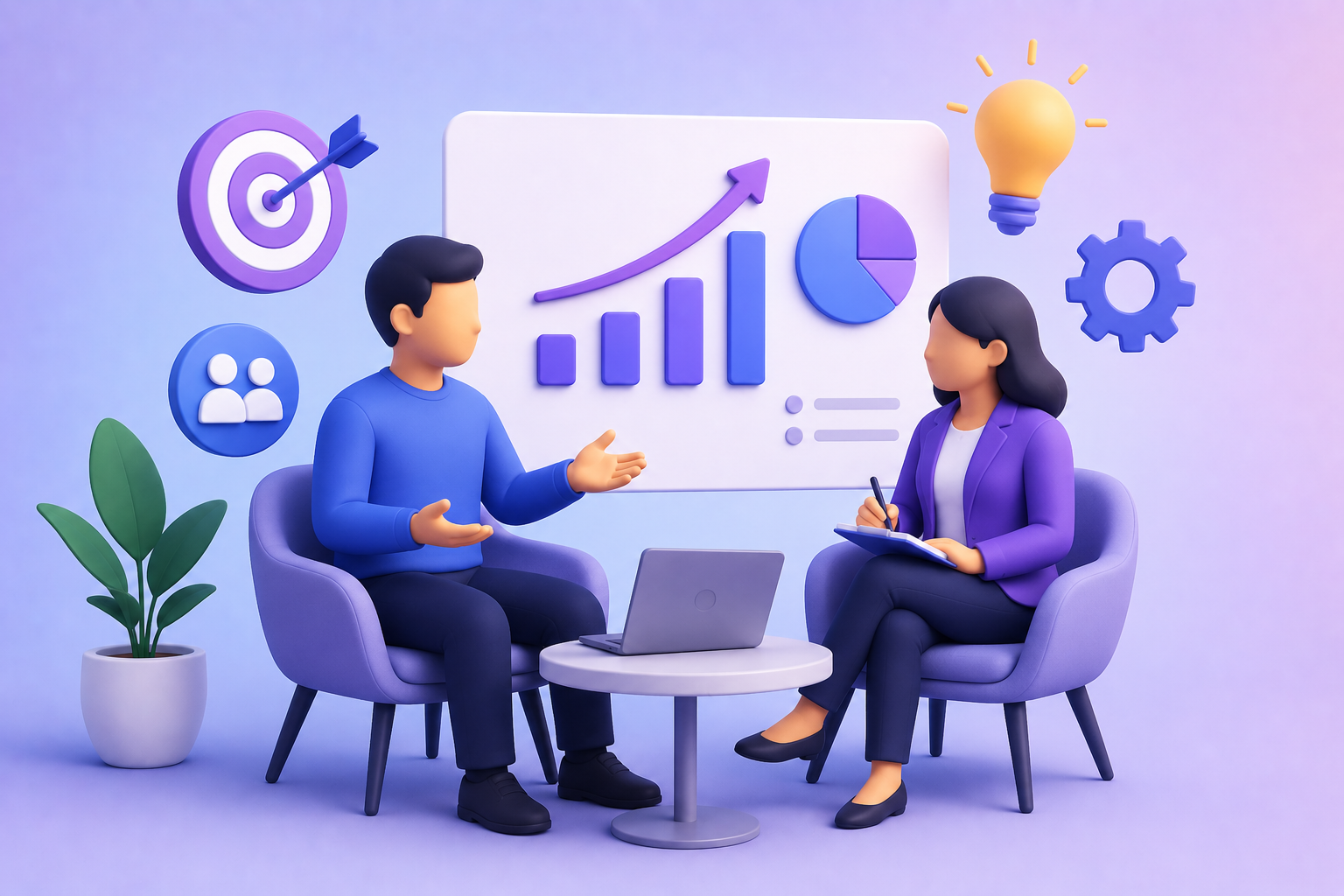 Two cartoon characters, a man and a woman, having a conversation in a business setting with a laptop on a small table. The background has business icons such as a target with an arrow, a bar graph with an upward trend, pie chart, lightbulb, gear symbol, and a group icon, all in purple, blue, yellow, and green colors.