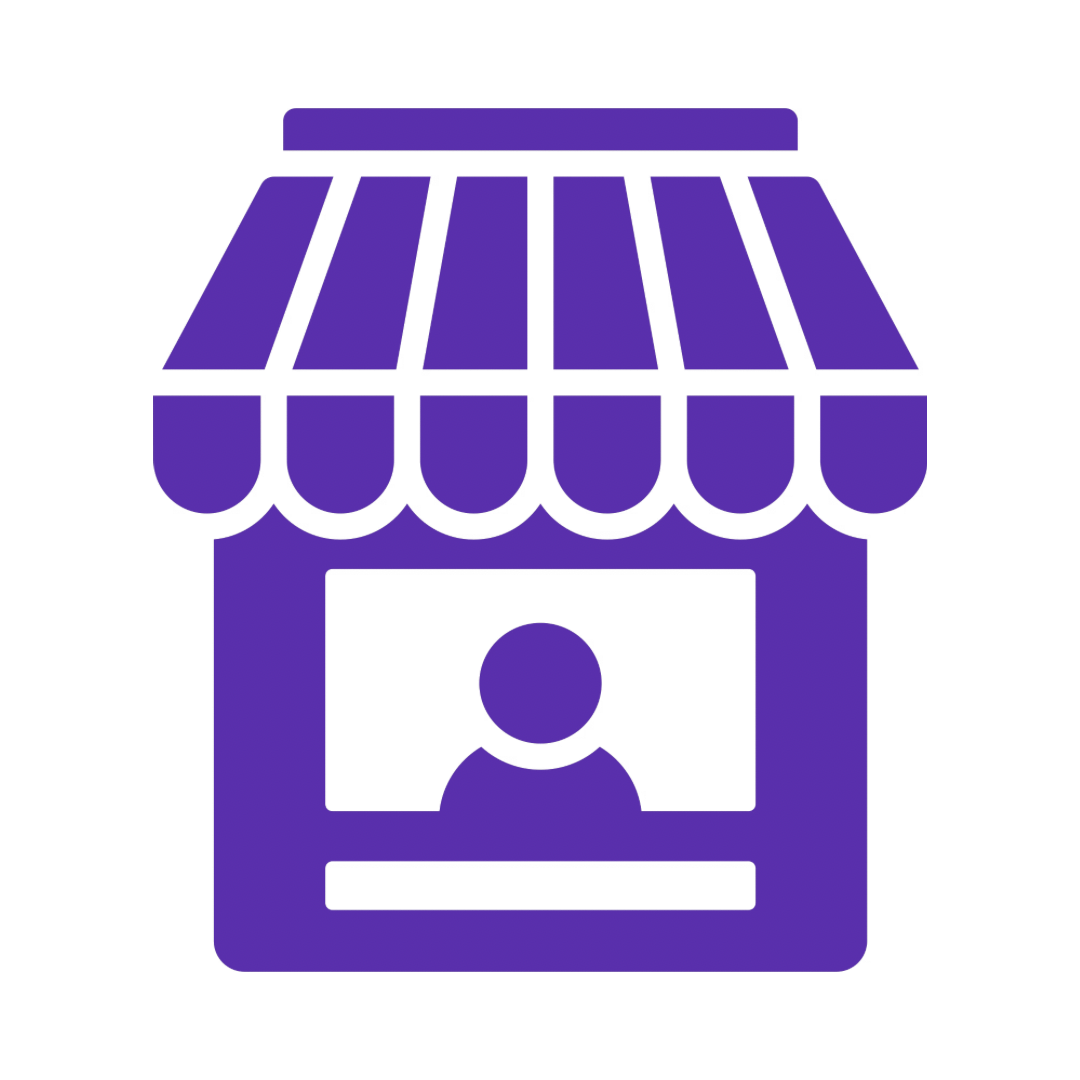 Icon of a small store or shop with a striped awning and a person inside, depicted in purple.