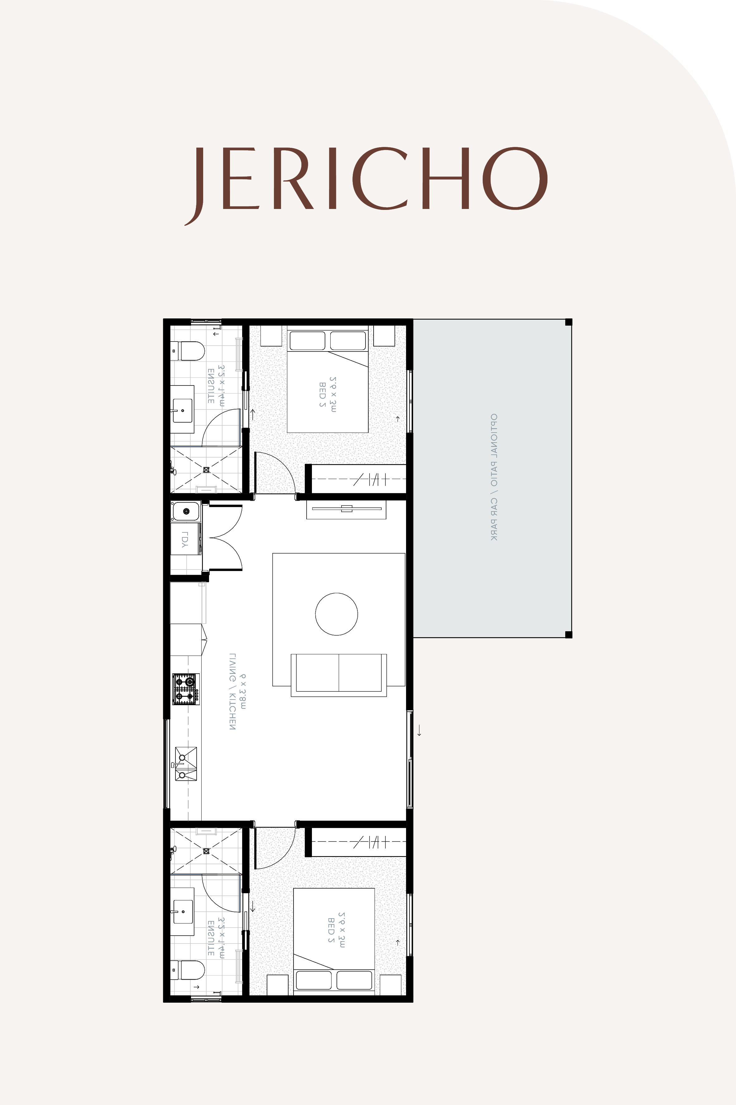 Floor plan of a granny flat labeled Jericho, showing two bedrooms, a living and kitchen area, two bathrooms, and a balcony.