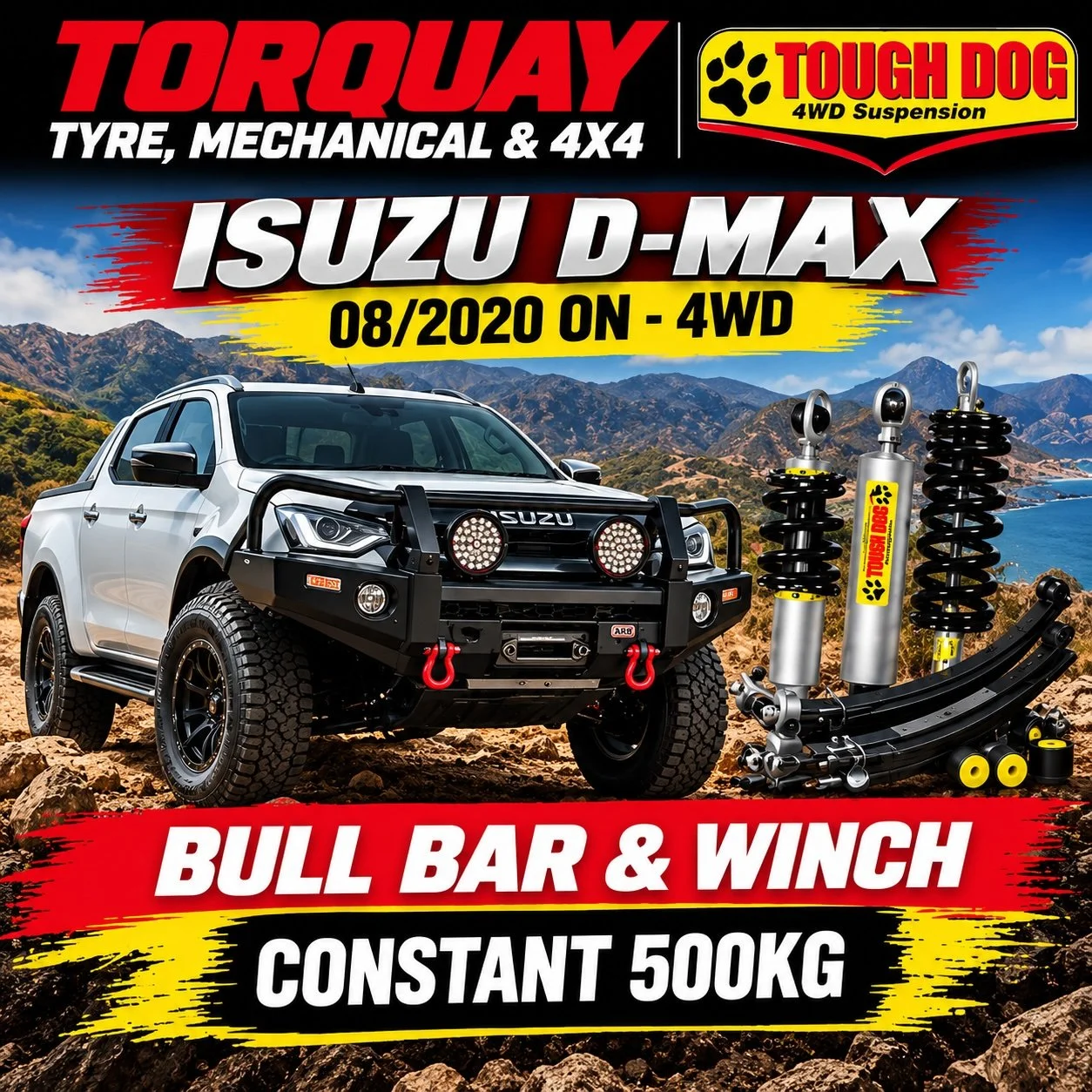 Isuzu D-MAX 08/2020 On – Tough Dog Foam Cell 40mm Lift – Bullbar/Winch – Constant 500KG