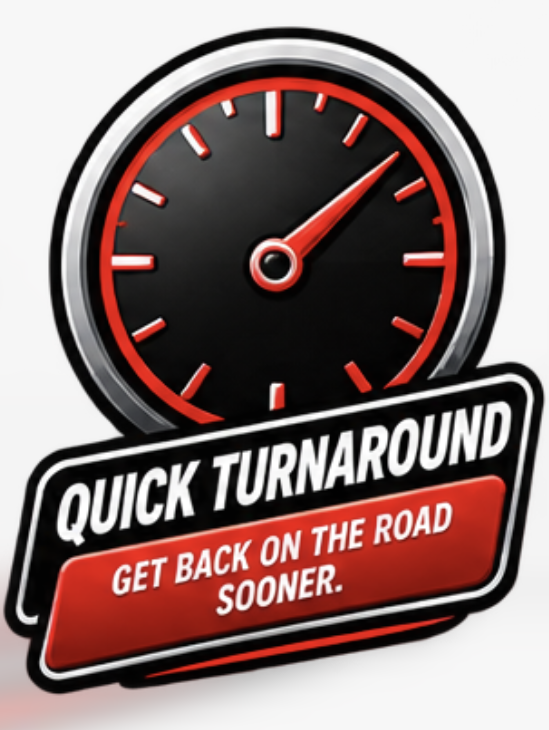 A speedometer with a red needle pointing to the early part of the gauge, accompanied by a black and white badge with the message "QUICK TURNAROUND GET BACK ON THE ROAD SOONER." the overall theme emphasizes fast service or quick completion.