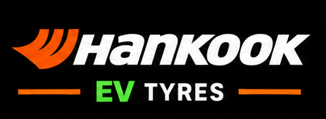 Hankook EV tires logo with orange and green accents on a black background.