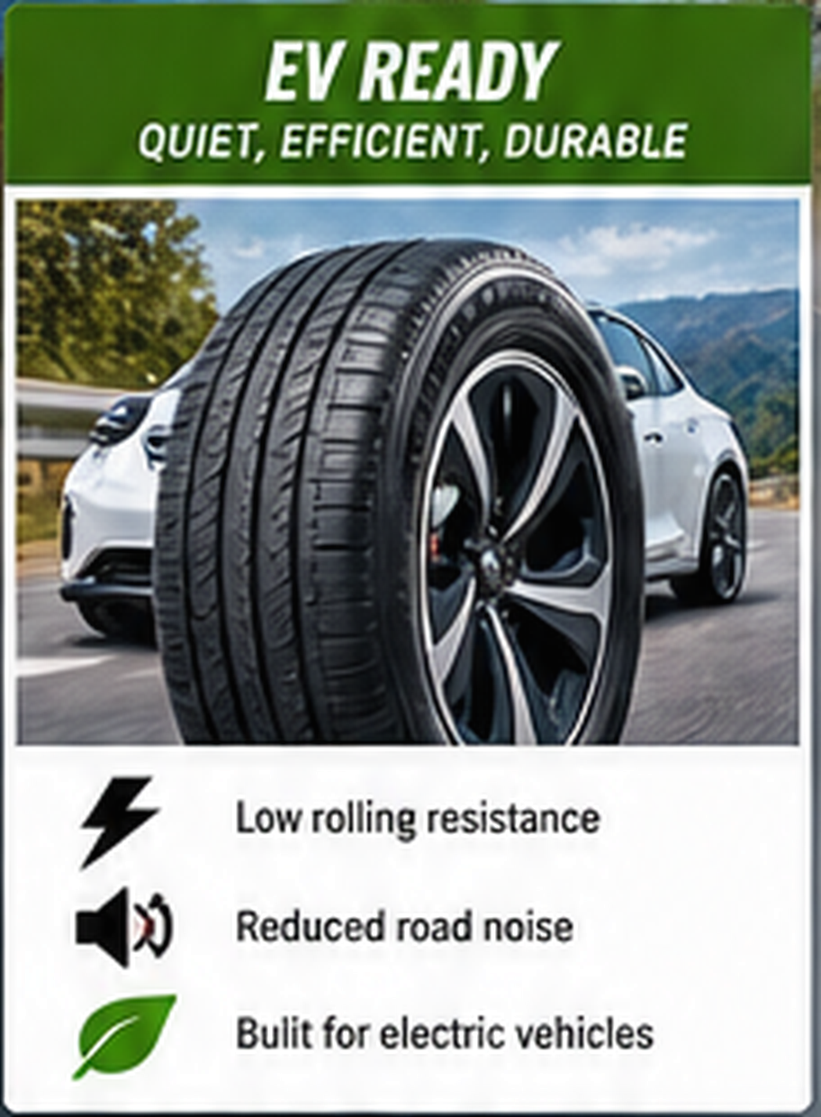 EV ready tire features low rolling resistance, reduced road noise, and is built for electric vehicles.