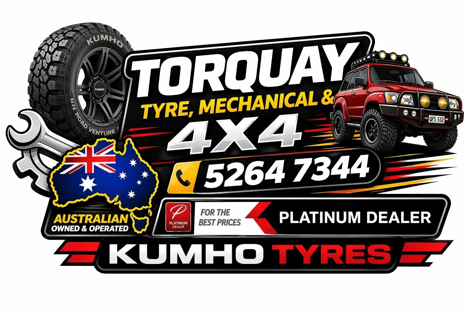 Advertisement for Torquay Kumho Tyres, featuring a large tire, a red off-road vehicle, an Australian map with flag, and contact number 5264 7344, emphasizing 4x4, tyre, and mechanical services, with branding as a platinum dealer.