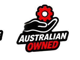 Graphic of a hand holding a red gear with the words "Australian Owned" underneath
