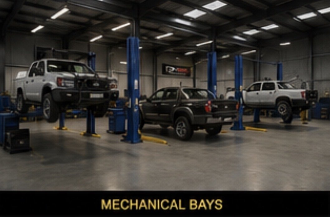 Automotive repair shop with multiple vehicles on lifts, labeled 'Mechanical Bays'.