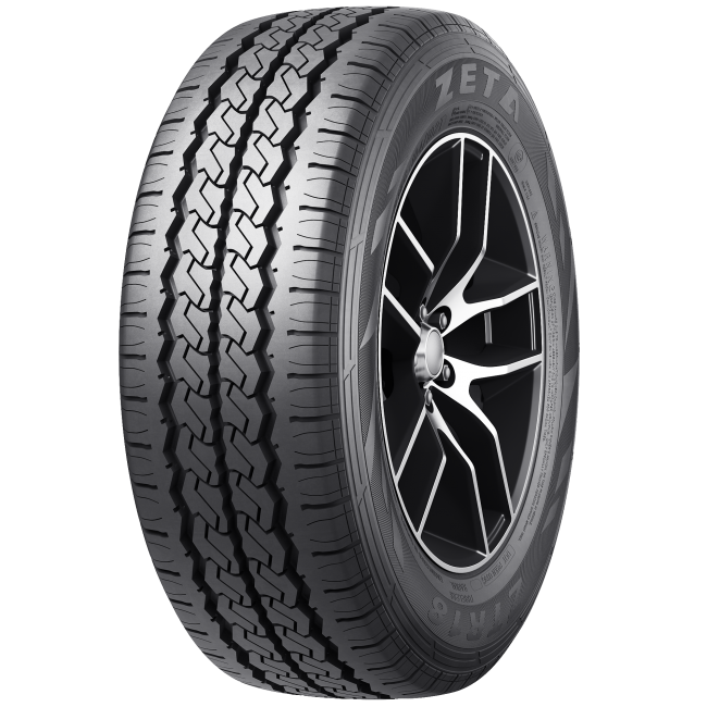 Close-up of a black tire with a black and silver alloy wheel, branded ZETC, with detailed tread pattern.