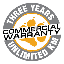 Seal with text 'Three Years Commercial Warranty Unlimited Km' surrounding a yellow map of Australia.