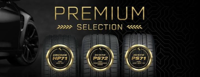 Image displaying a car and three tires labeled as premium selection with gold and black designs.
