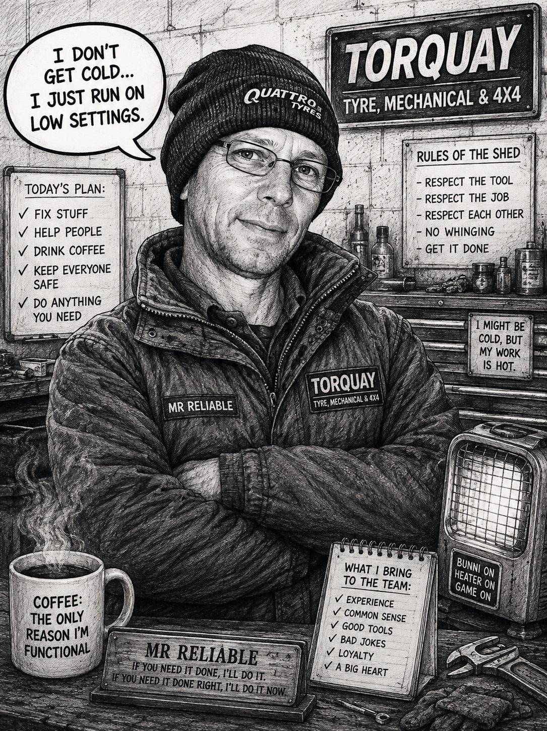 Black and white photo of a man wearing a beanie and glasses, standing in a workshop with signs and tools around him. He has a confident expression with crossed arms, and the setting includes a coffee mug, a heater, and a notepad on a table.