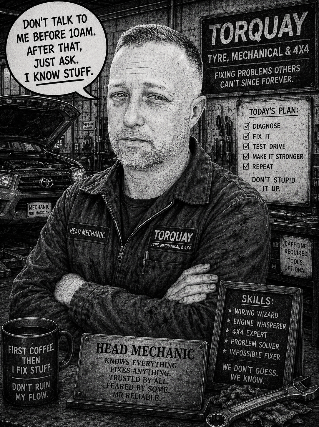 A black and white photo of a head mechanic sitting in a garage office. He wears a uniform with patches that say 'Head Mechanic' and 'Torquay Tyre, Mechanical & 4X4'. The background features a car with an open hood and various tools hanging on the wall. There are multiple signs with humorous messages and a chalkboard listing the day's plan, skills, and requirements.