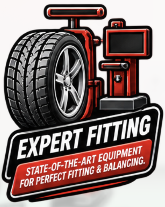 Logo for a tire fitting service featuring a tire mounted on a rim with a balancing machine and electronic equipment, with the text 'Expert Fitting' and 'State-of-the-Art Equipment for Perfect Fitting & Balancing.'