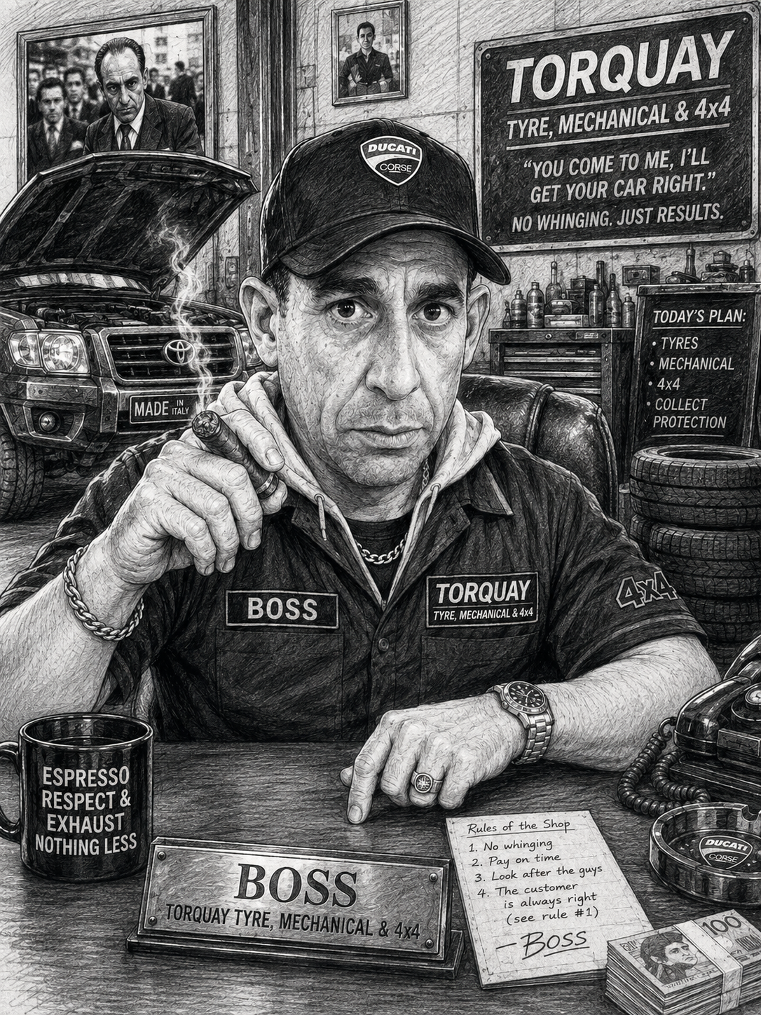A black and white drawing of a mechanic sitting at a desk in a garage, smoking a cigar, with a serious expression. He is wearing a cap and a uniform with patches labeled 'BOSS' and 'TORQUAY,' and a watch on his wrist. Behind him is a Toyota vehicle with its hood open and a sign that reads 'TORQUAY TYRE, MECHANICAL & 4x4,' along with a quote about car repair. The workspace has tires, oil bottles, and a chalkboard listing tire, mechanical, and 4x4 services, along with a set of stacked currency bills.