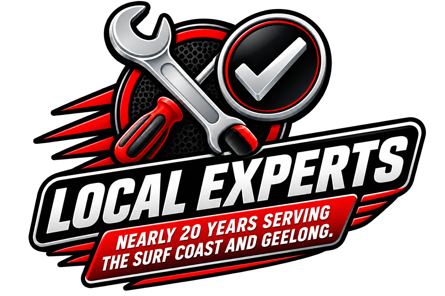 Logo for Local Experts featuring a wrench, screwdriver, and checkmark, with the text "Nearly 20 Years Serving the Surf Coast and Geelong."