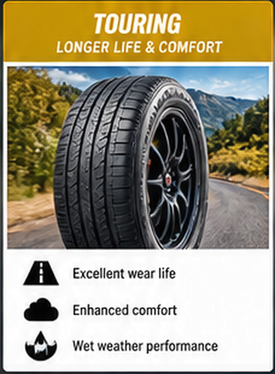 A motorcycle tire and wheel on a scenic outdoor road with mountains and trees in the background. The tire packaging displays features: excellent wear life, enhanced comfort, and wet weather performance.