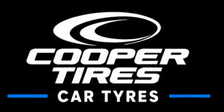 Cooper Tires logo with white text on black background, featuring a stylized circular symbol above the company name