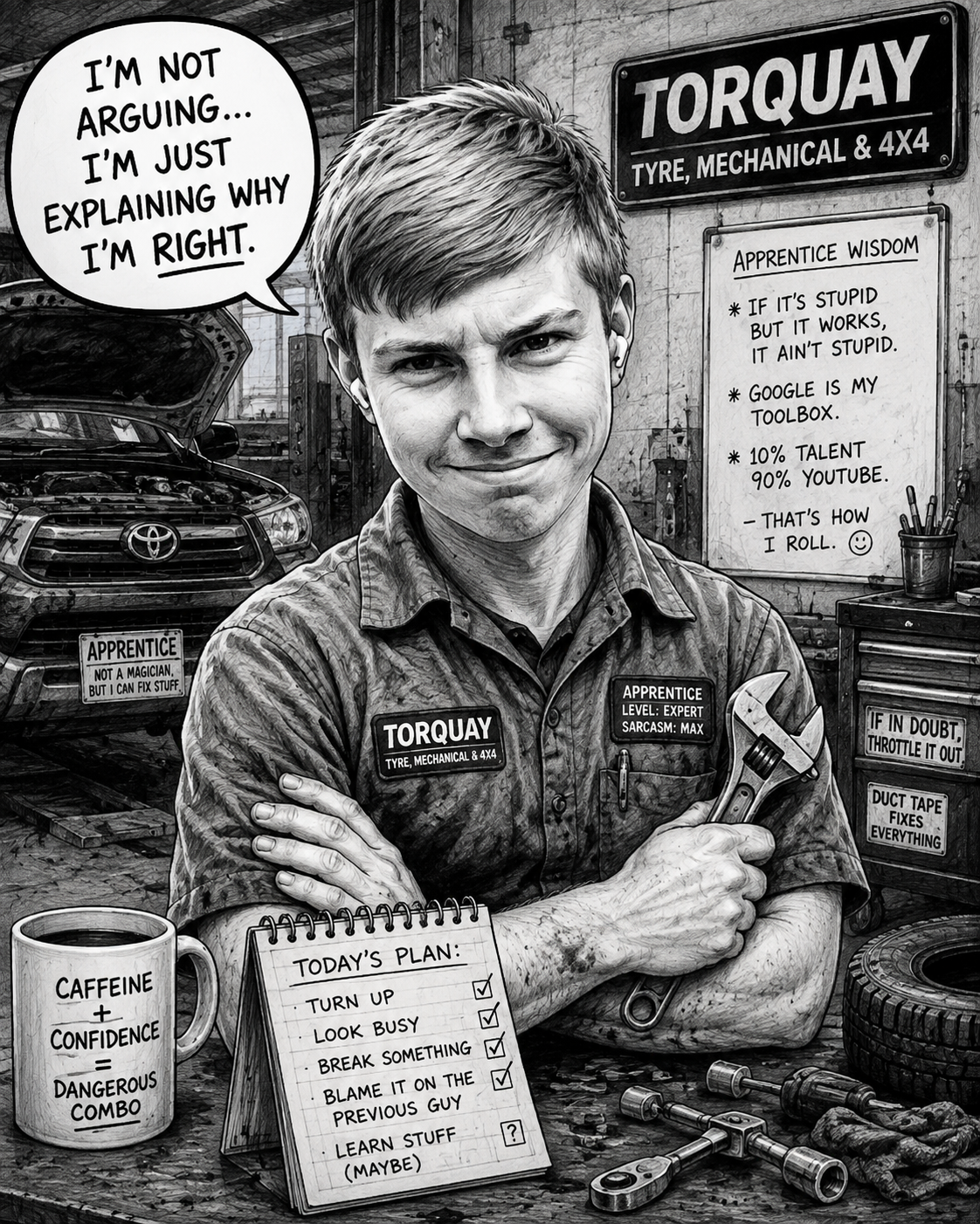 A smiling young mechanic holding a wrench in a garage. He has a name tag that reads "Torquay" and a patch that says "Tyre, Mechanical & 4x4." There are various tools, a coffee mug, and a notepad with a daily checklist on his workbench. In the background, there are signs with humorous messages about car repair and an apron that says "Not a magician, but I can fix stuff." Additionally, there's a whiteboard with tips on using Google and YouTube for fixing cars, and a speech bubble indicating he's explaining why he's right.