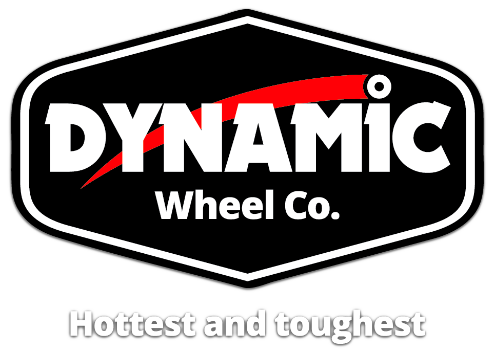 Logo of Dynamic Wheel Co. with a black background, white border, and white text that reads "Hottest and toughest," featuring a red swoosh accenting the text.
