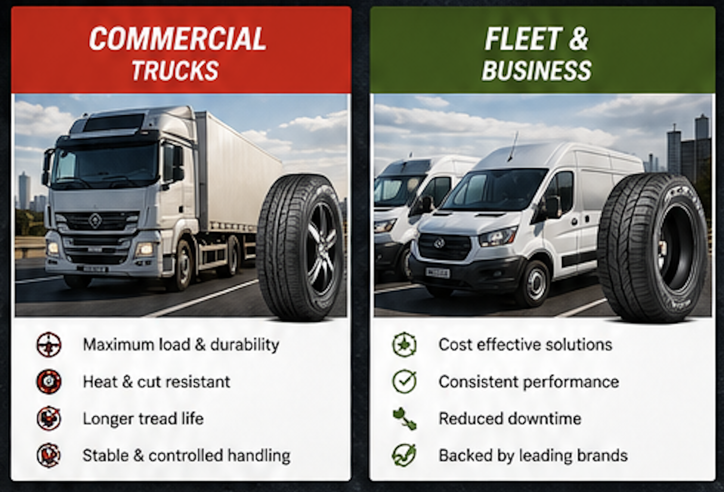 Comparison between commercial trucks and fleet & business vehicles. The left side shows a large commercial truck with a wheel, labeled 'Commercial Trucks,' and features listed: maximum load & durability, heat & cut resistant, longer tread life, stable & controlled handling. The right side shows two white fleet & business vans with a wheel, labeled 'Fleet & Business,' and features listed: cost-effective solutions, consistent performance, reduced downtime, backed by leading brands.