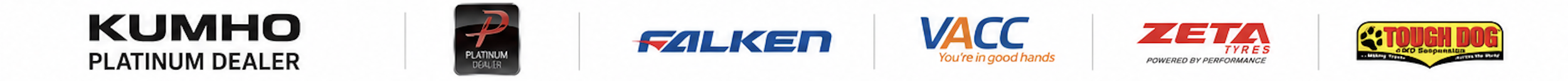 Logos of Kumho Platinum Dealer, Falken, VACC, Zeta Tyres, and Tough Dog on a white background.