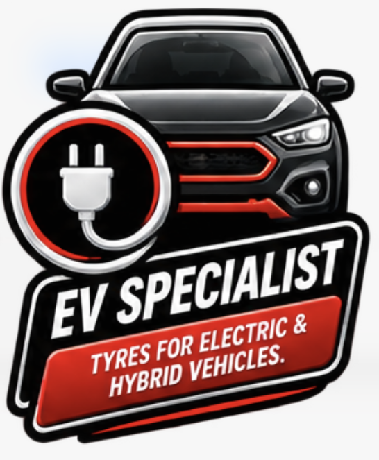 Logo for EV Specialist featuring a black electric or hybrid vehicle, a power plug icon, and text indicating specialized tires for electric and hybrid vehicles.