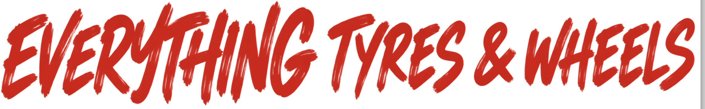 Red handwritten text on white background reads 'EVERYTHING TIRES & WHEELS'.