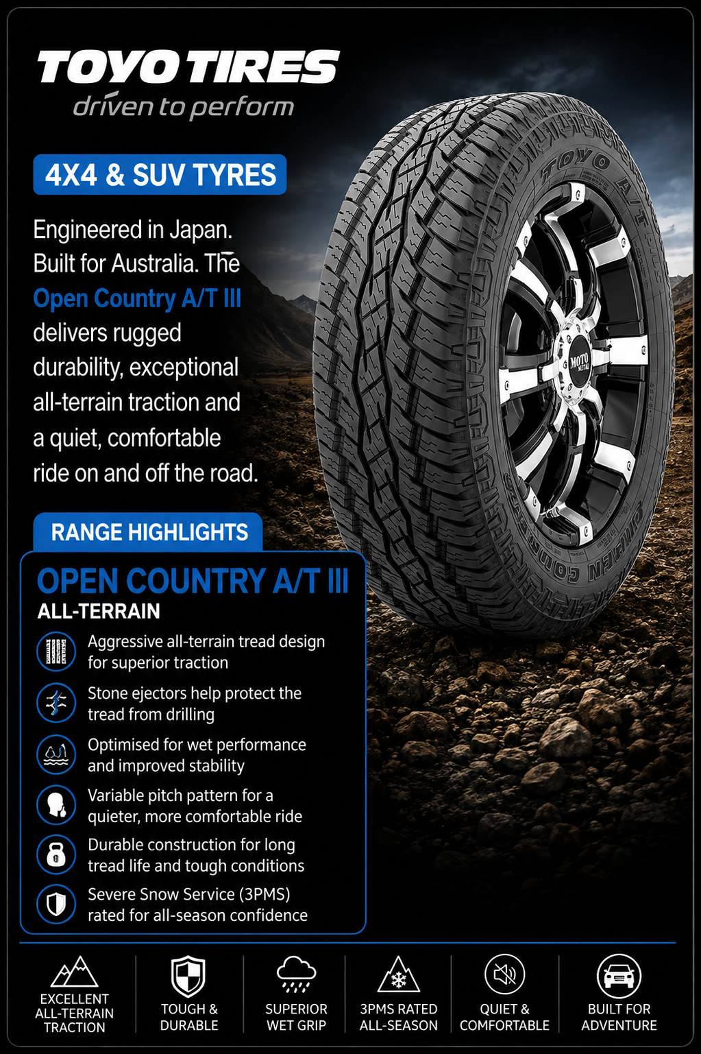 A Toyo Tires advertisement showcasing 4x4 and SUV tires with rugged tread design for all-terrain performance, highlighting durability, traction, and comfort, with additional features like all-season use and wet performance.