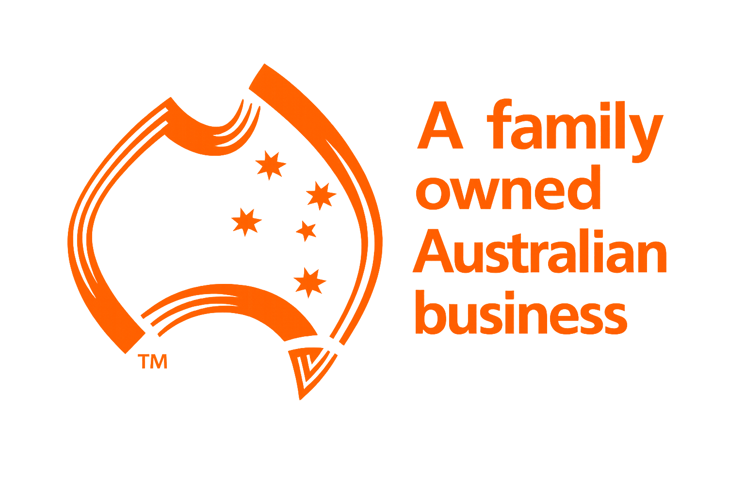 Logo with an orange stylized map of Australia inside a circle, surrounded by stars, with the text 'A family owned Australian business' on the right side.