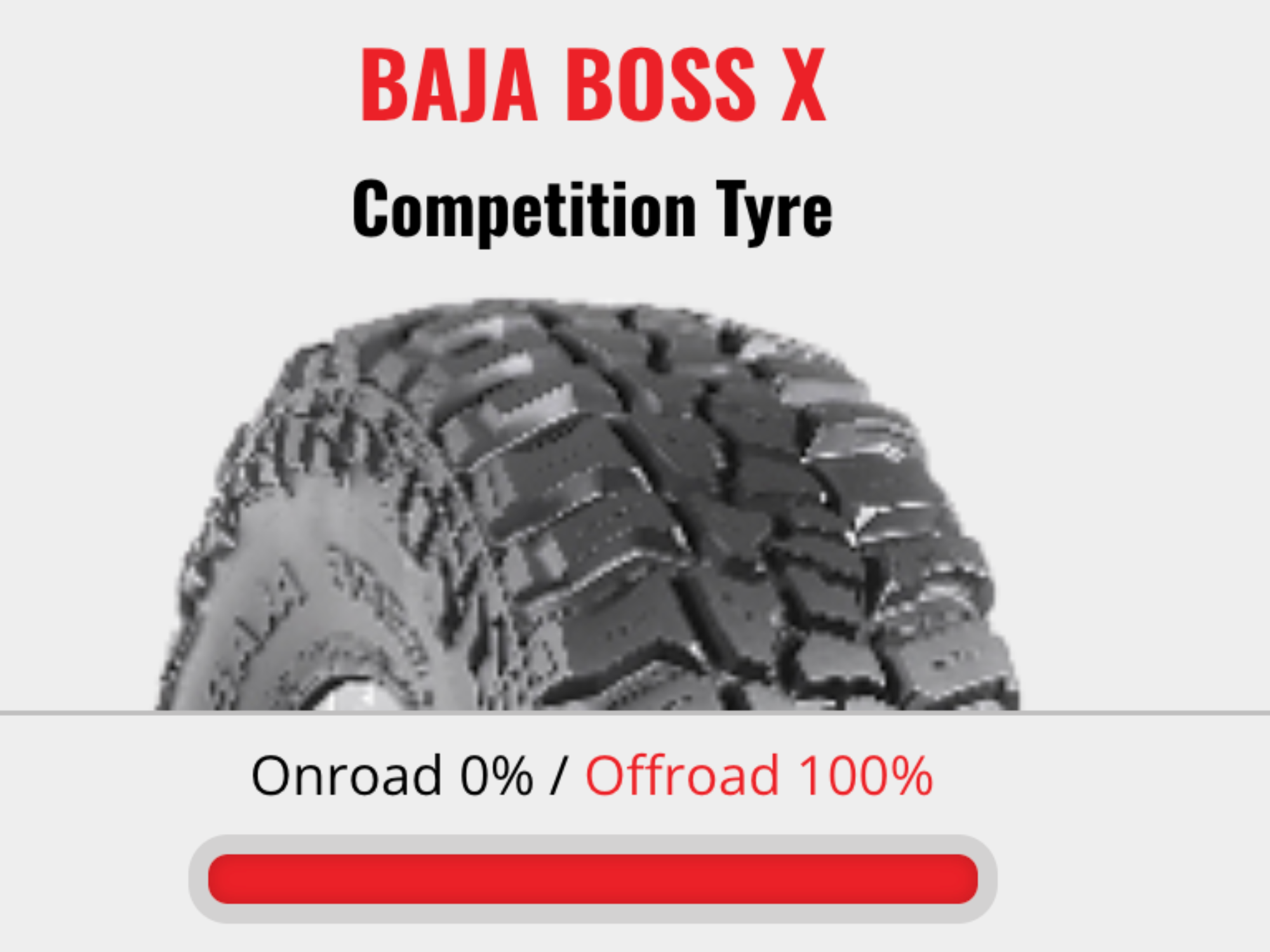 Close-up of a tire with a rugged tread pattern, accompanied by text indicating a promotion from 'Onroad 0% / Offroad 100%'.