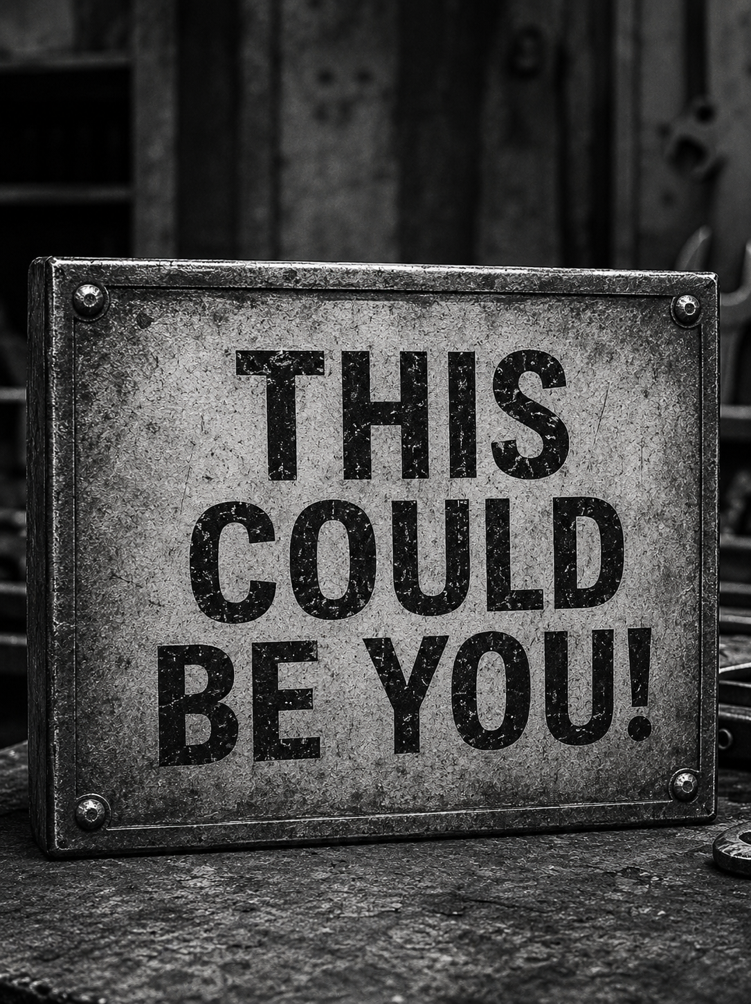 A weathered metal sign with the phrase "THIS COULD BE YOU!" in bold black letters, set against a rustic, industrial background.