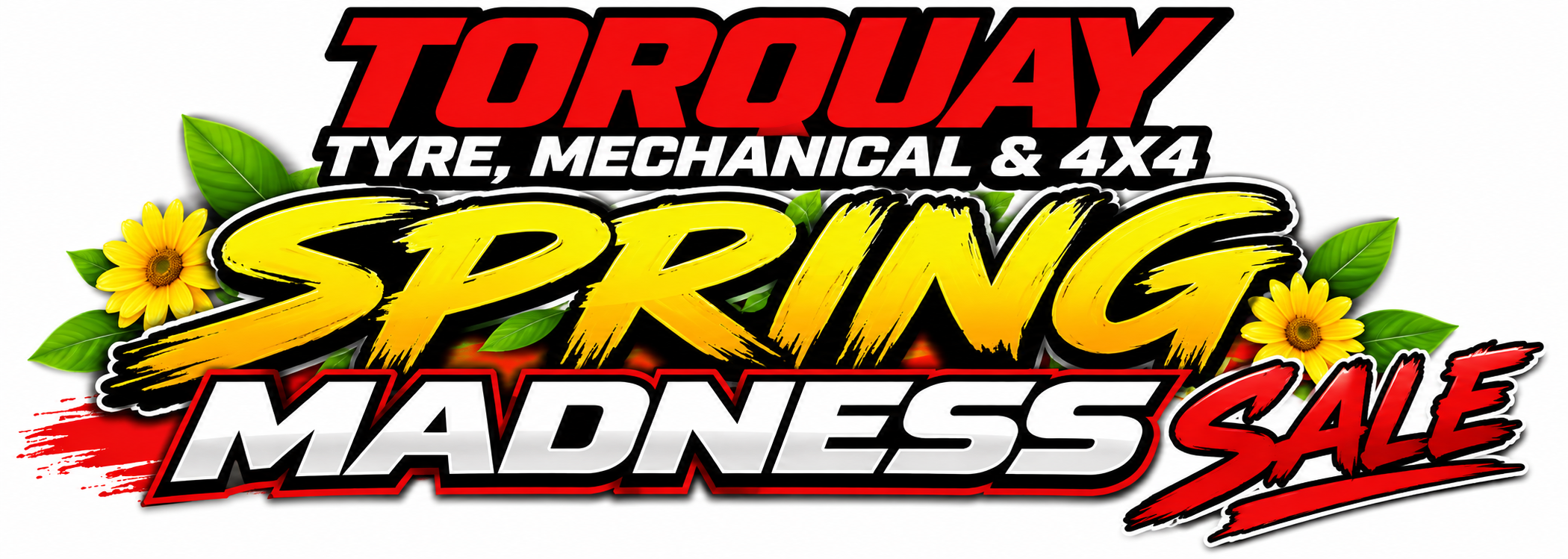Bright and colorful advertisement for a tire, mechanical, and 4x4 suspension sale. The text includes 'Taduay', 'Tyre, Mechanical & 4x4', 'Spring', 'Madness', and 'Sale', with decorative flowers and green leaves in the background.