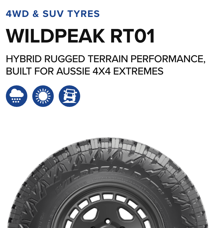 Close-up of a black all-terrain tire with rugged tread, labeled WILDPARK RT01, set against a white background, with text and icons indicating 4WD and SUV compatible, suitable for rugged terrain, and designed for Australian 4x4 adventures.