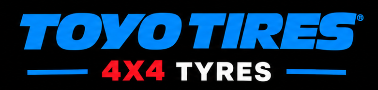 Logo of Toyo Tires with blue text, and 4x4 Tires in red and white text on a black background.