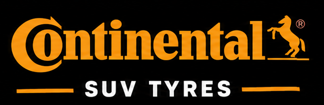 Continental SUV tires logo with orange text and a horse symbol on a black background.