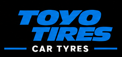 Toyo Tires logo with blue text and white tagline on a black background