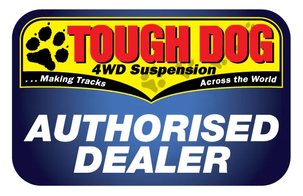 Logo for Tough Dog, an authorized dealer for 4WD suspension and off-road parts, with a yellow, black, red, and blue color scheme and paw print graphic.