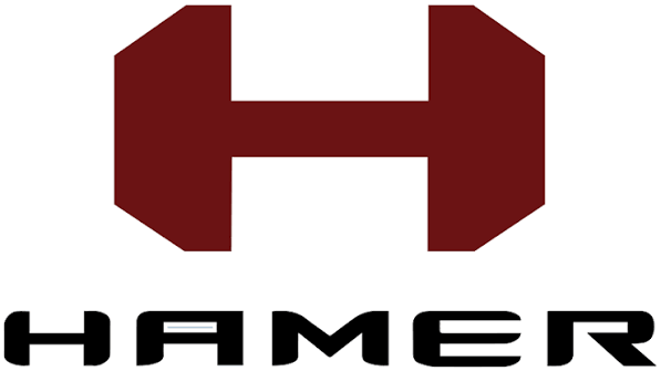 Logo with a stylized red shield shape and the word 'HAMER' in bold black letters below.
