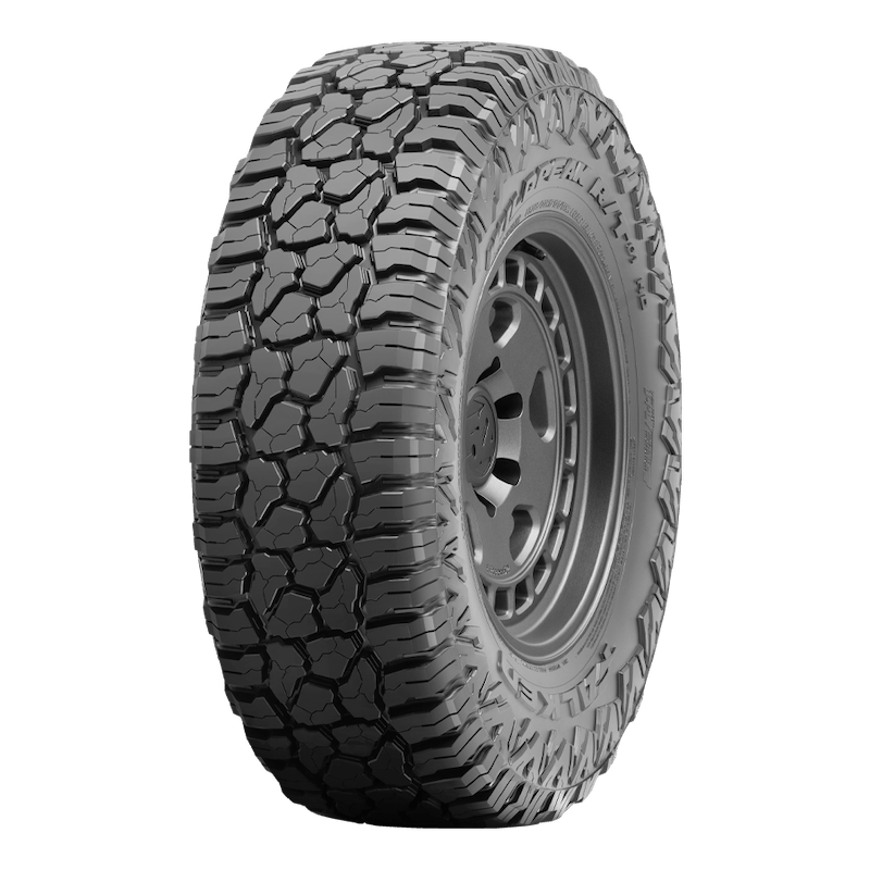 A close-up view of a rugged off-road tire with deep tread patterns and a black steel rim.